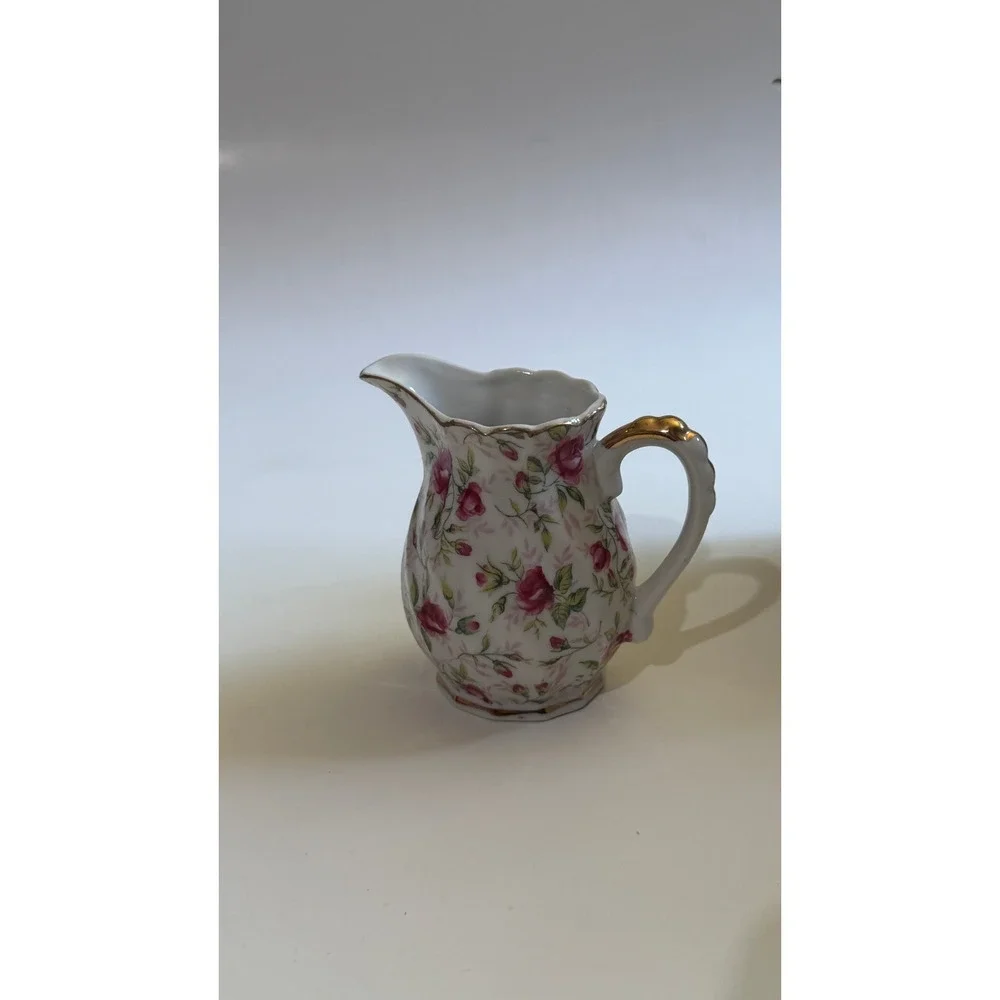 Vintage Lefton China Pink Rose Chintz Teapot Sugar Creamer Set NE661R Japan